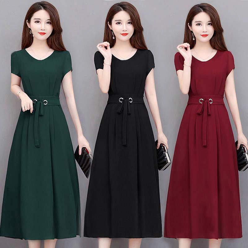 Xia Da size dress women's fat mm short sleeve medium length over knee long skirt with belt, slim A-line skirt