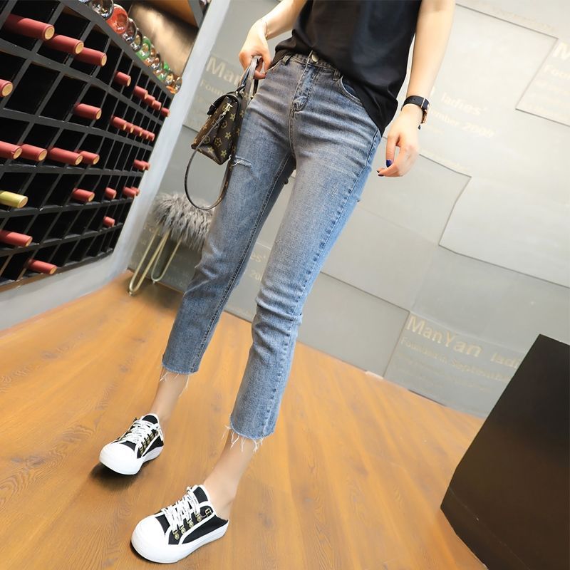 Summer thin Capris female student small straight pants High Waist Stretch Slim Skinny cropped jeans