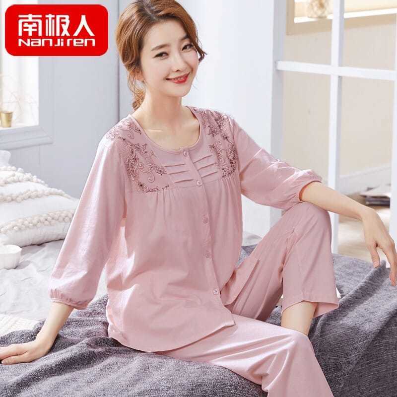 Summer thin three-quarter-sleeve pajamas women's cotton mid-sleeve trousers middle-aged mother summer two-piece suit for middle-aged and elderly people