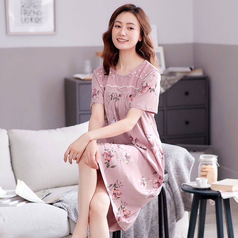Modal cotton nightdress women's summer short-sleeved pajamas dress long section summer plus fat mother loose home service