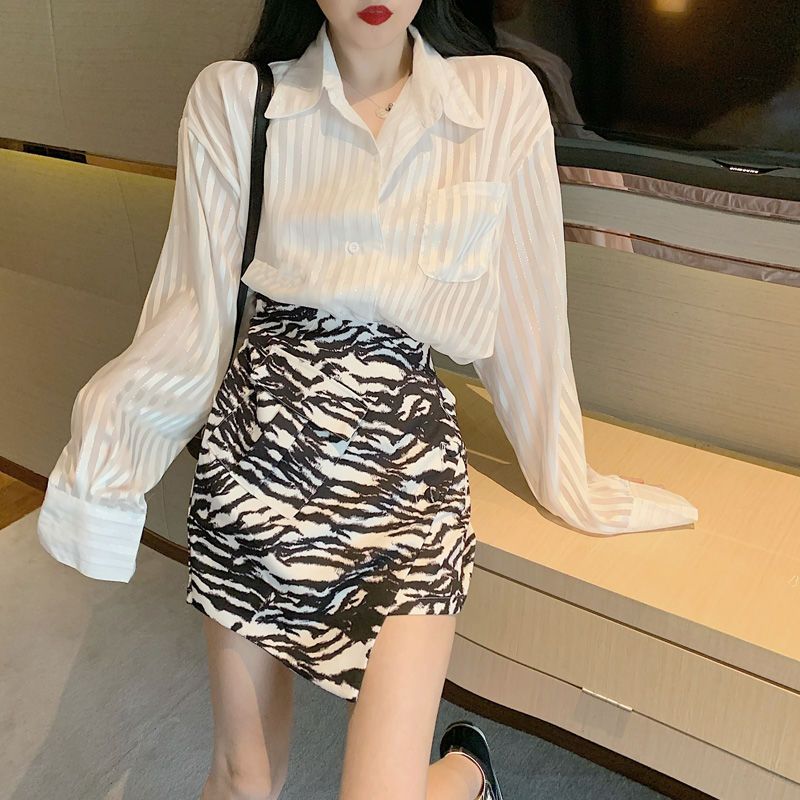 Summer new style square neck loose white Long Sleeve Shirt Top High Waist shows thin zebra pattern irregular skirt for women
