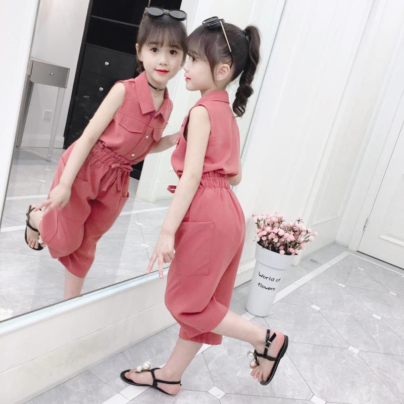 Girls' suit summer new style little girl super foreign style fashionable two piece set girls' casual Capris thin