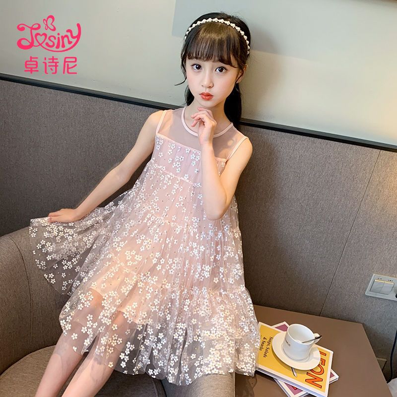 卓詩尼女童連衣裙2023夏季新款時尚櫻花蓬蓬紗仙女無袖薄款公主裙