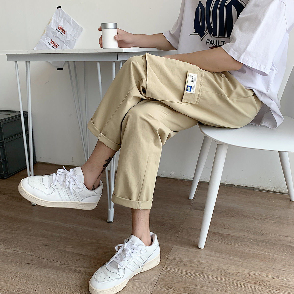 Khaki overalls summer Korean fashion brand Hong Kong Style versatile loose thin nine point straight casual pants for men