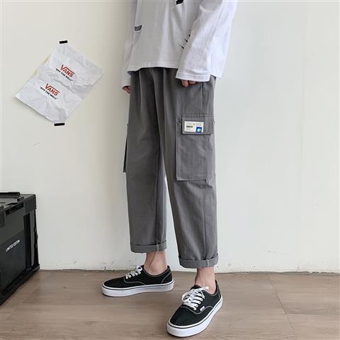 Khaki overalls summer Korean fashion brand Hong Kong Style versatile loose thin nine point straight casual pants for men