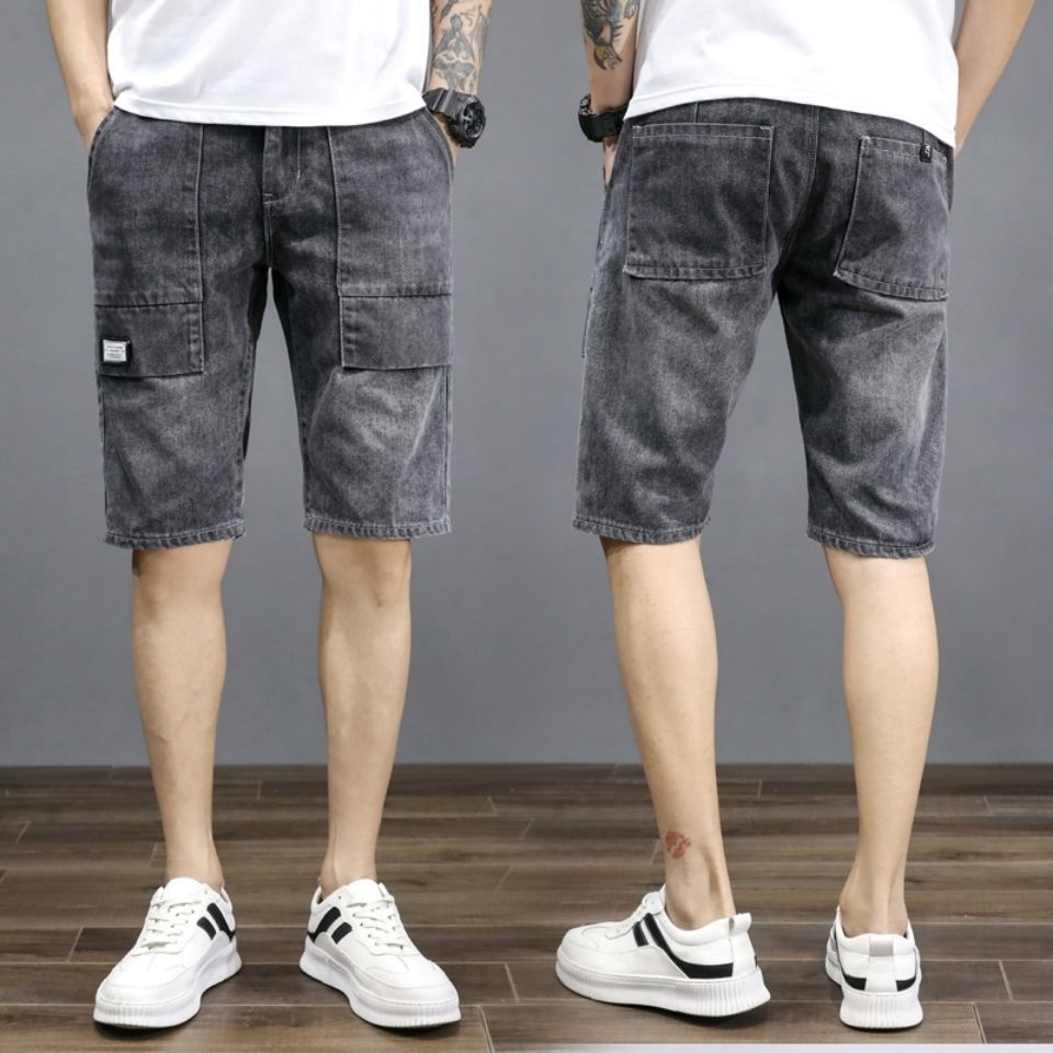 Capri Jeans Shorts men's summer men's tooling trend loose Capri Pants Large Size 5-point pants with holes