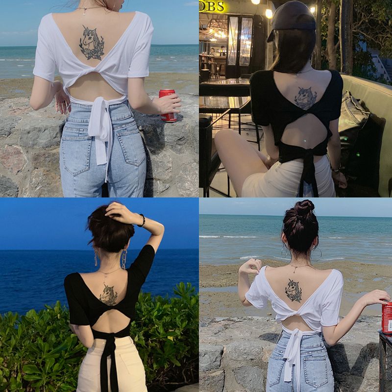 Women's fashion sexy tight-fitting umbilical open back strap top summer care machine design sense large neckline short-sleeved T-shirt