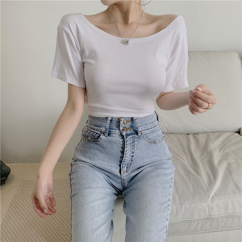 Women's fashion sexy tight-fitting umbilical open back strap top summer care machine design sense large neckline short-sleeved T-shirt