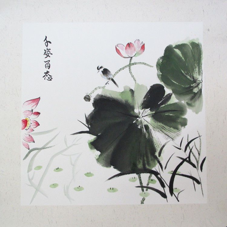 三尺斗方荷花国画手绘装饰画50*50cm宣纸手工绘制画芯已装裱挂画
