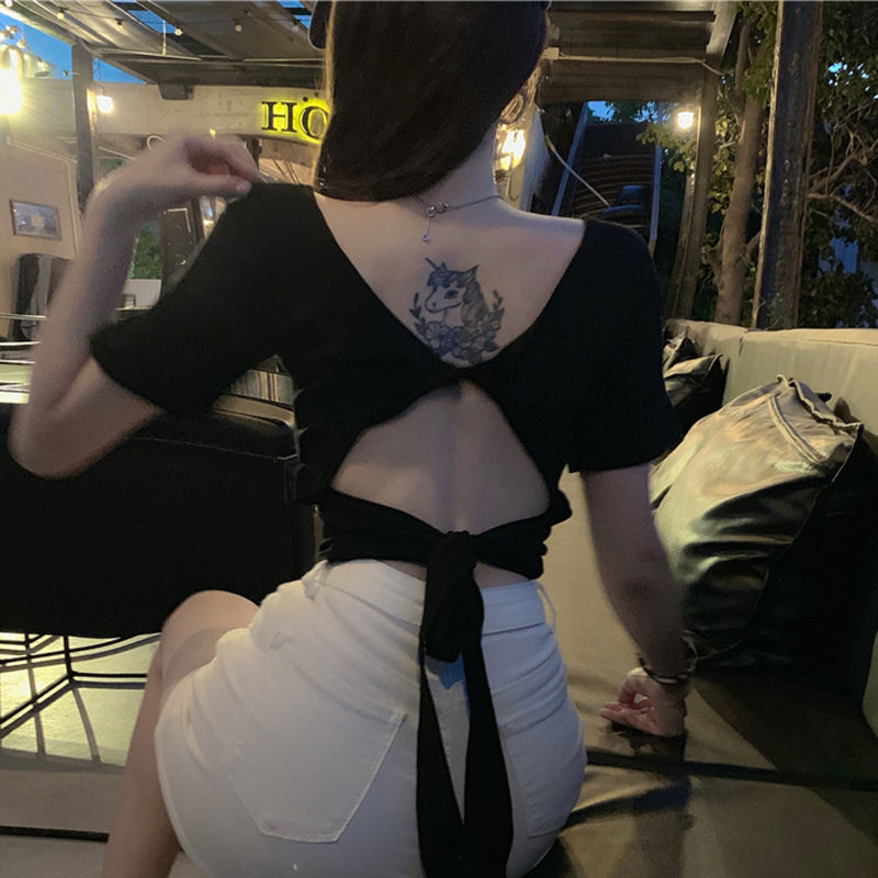 Women's fashion sexy tight-fitting umbilical open back strap top summer care machine design sense large neckline short-sleeved T-shirt