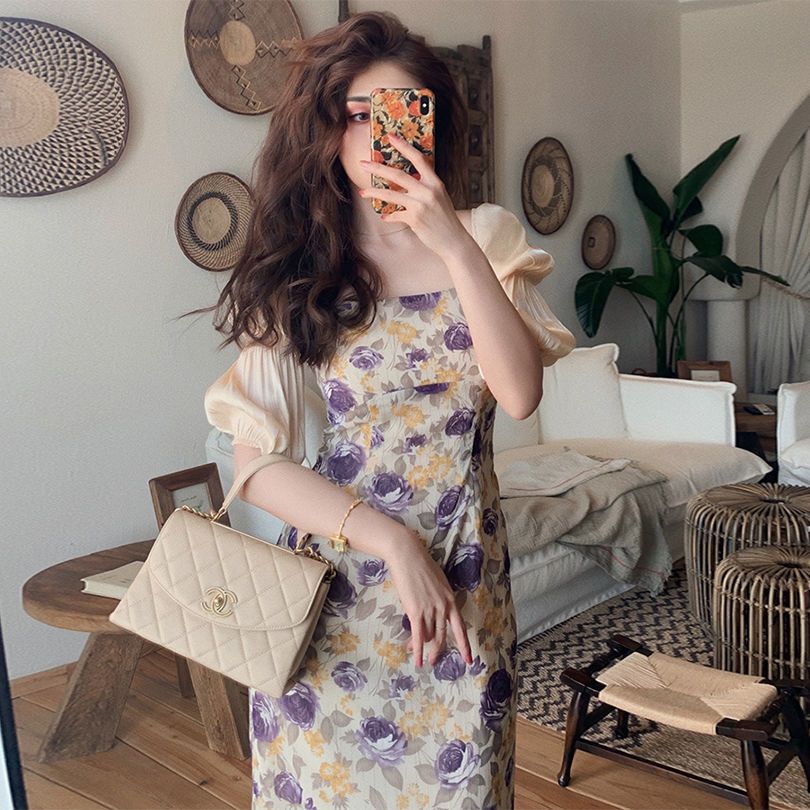 Small fragrance floral waist closing dress retro French small square collar bubble sleeve Printed Dress for women 2020