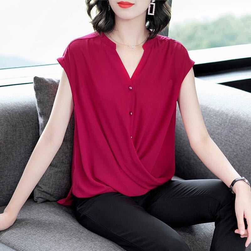 V-neck chiffon blouse women's summer belly covering top short sleeve foreign style loose temperament sleeveless mother thin solid color large