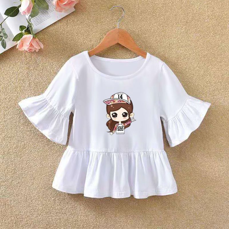 Cotton girls' short sleeve T-shirt lotus leaf half sleeve T-shirt middle and large children's clothes 3-10 years old summer Princess Girl's top