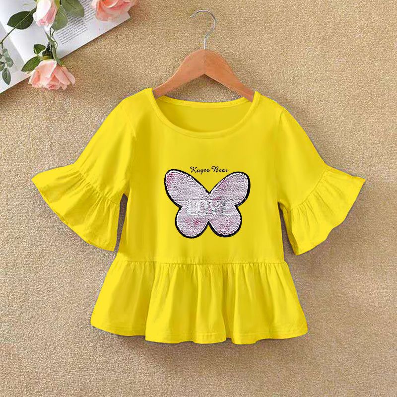 Cotton girls' short sleeve T-shirt lotus leaf half sleeve T-shirt middle and large children's clothes 3-10 years old summer Princess Girl's top
