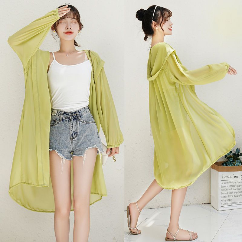 Ice silk chiffon sunscreen cardigan women's mid-length  new Korean version ultra-thin fairy sunscreen shawl outside