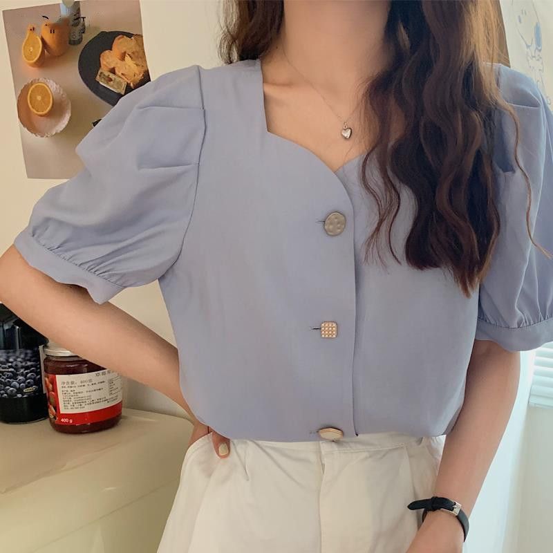 Korean bubble sleeve French retro short top design sense small square collar Short Sleeve Chiffon shirt for women in summer