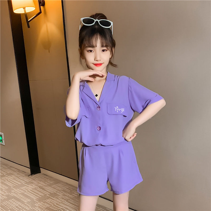 Girls' summer suit with western style new Zhongda children's purple net red summer Chiffon suit