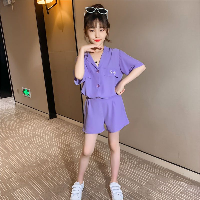 Girls' summer suit with western style new Zhongda children's purple net red summer Chiffon suit
