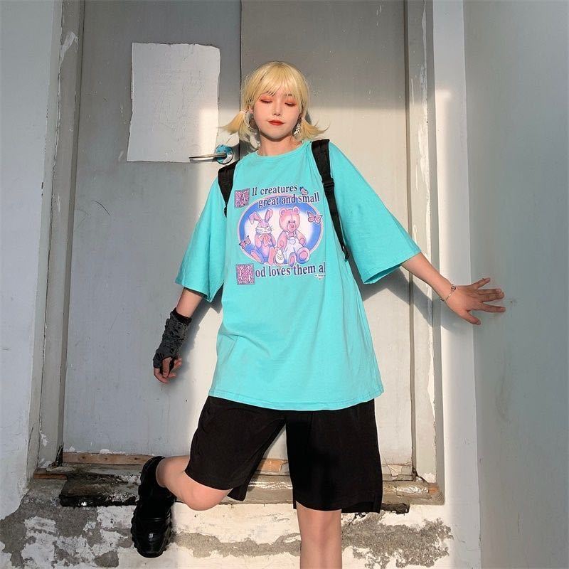 Cute pink violence bear and violence rabbit Han ins fashion T-shirt female student summer loose and versatile Short Sleeve Tee