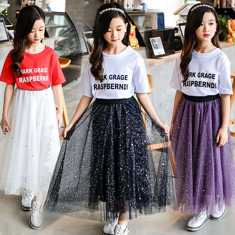 Girls' summer half length skirt new children's parent child dress Korean set star sky gauze skirt net Red Princess Dress