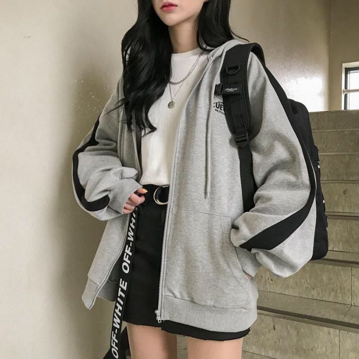 New grey zipper cardigan women's Spring Long Sleeve Jacket loose BF lazy style Korean Hooded Sweater