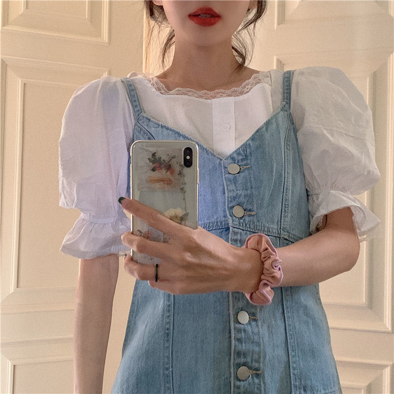 Slightly fat mm fat sister large dress show thin suspender skirt 200 kg suit blouse denim skirt two piece set