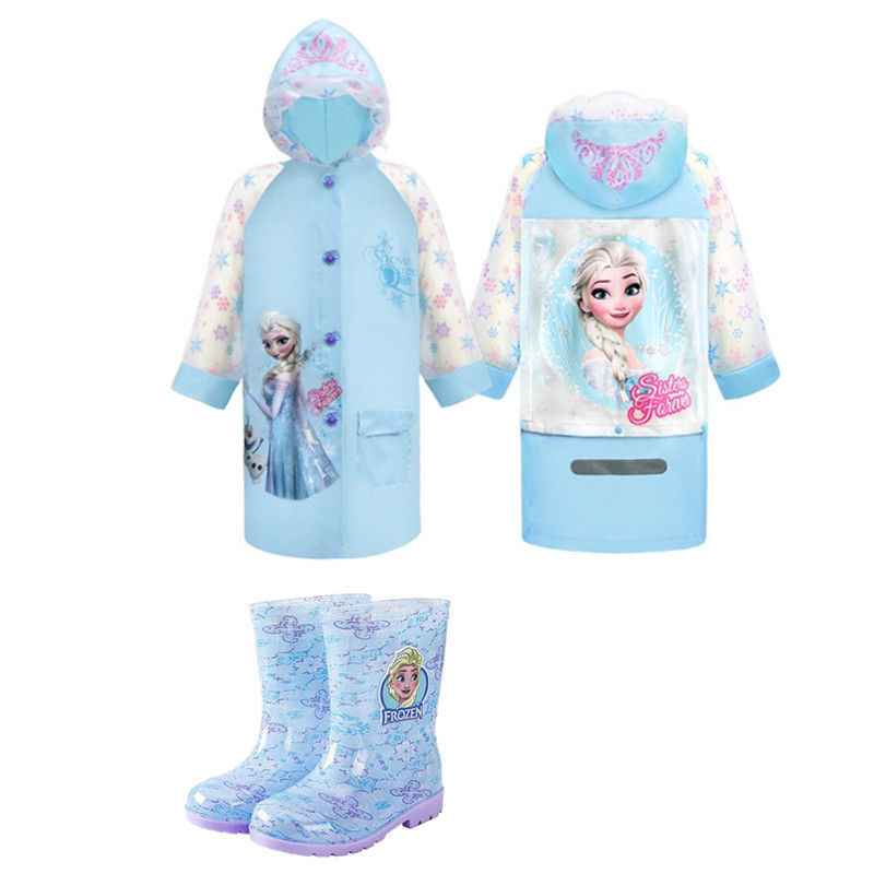 Disney raincoat and rain shoes Set Princess Elsa Snow Princess waterproof raincoat middle tube rain shoes for kindergarten