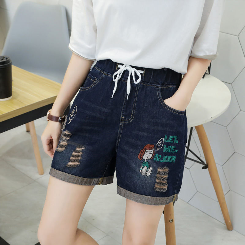 Denim shorts women 80-180 catties loose denim shorts embroidery elastic waist summer wide leg pants thin section high-end