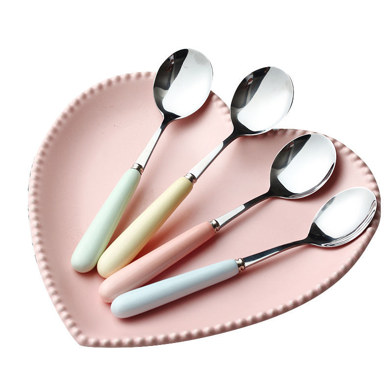 马卡龙彩色陶瓷柄加厚不锈钢汤勺创意家用勺子成人儿童餐具吃饭勺