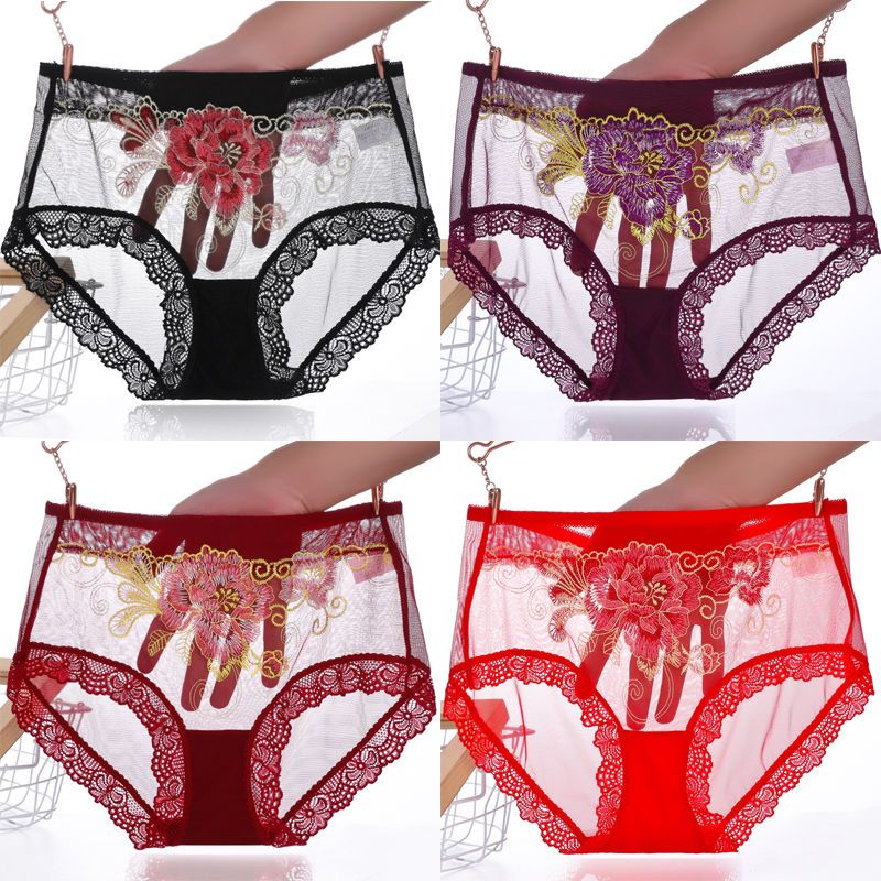4 pairs of traceless underwear women's sexy lace embroidery transparent mesh mid waist cotton antibacterial Triangle pants 2
