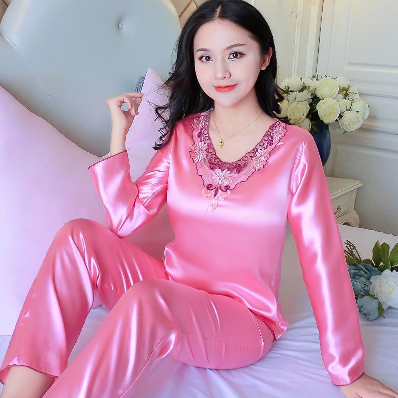 Large size silk pajamas women's spring and autumn ice silk long-sleeved trousers sexy imitation silk short-sleeved pajamas women's summer home service