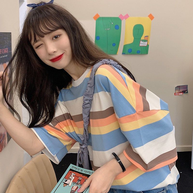 Yaya BF wind stripe short sleeve T-shirt girl summer student Korean loose ins half sleeve mid sleeve top girlfriends fashion