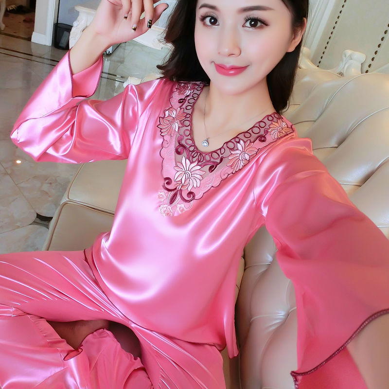 Large size silk pajamas women's spring and autumn ice silk long-sleeved trousers sexy imitation silk short-sleeved pajamas women's summer home service