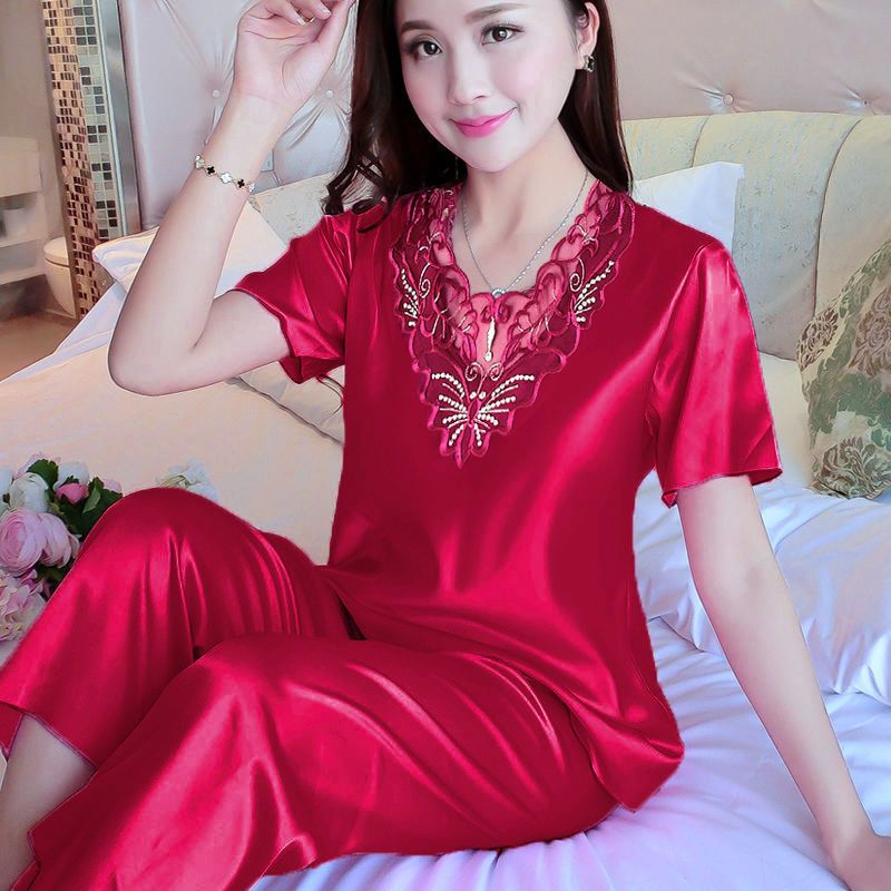 Large size silk pajamas women's spring and autumn ice silk long-sleeved trousers sexy imitation silk short-sleeved pajamas women's summer home service
