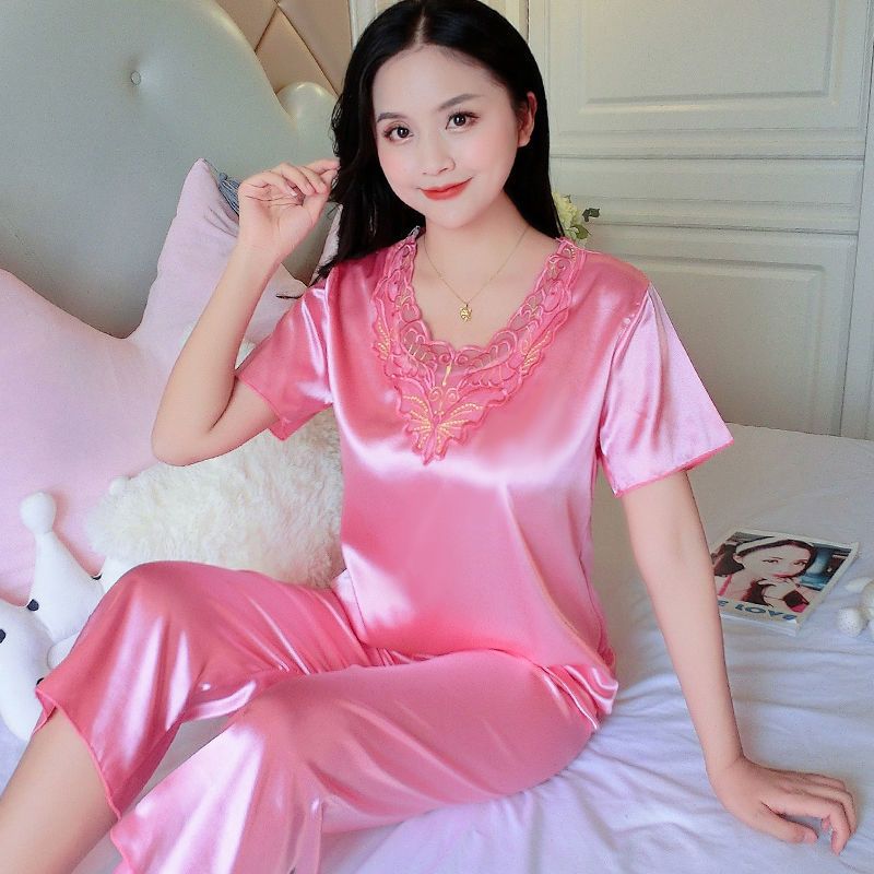 Large size silk pajamas women's spring and autumn ice silk long-sleeved trousers sexy imitation silk short-sleeved pajamas women's summer home service