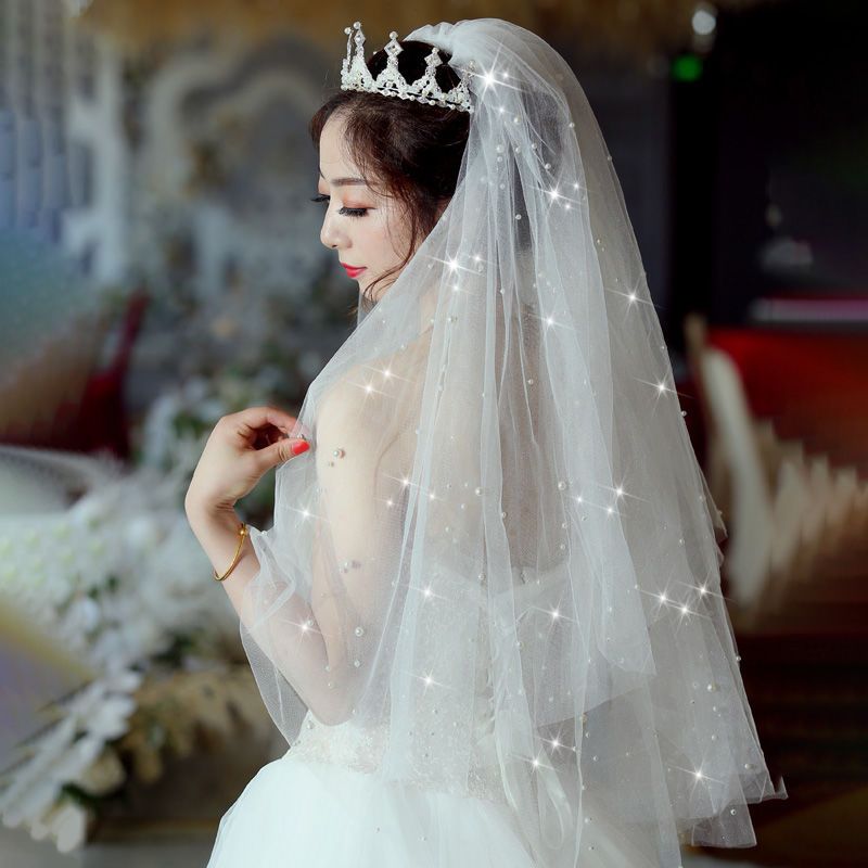 新娘主婚纱白色蓬蓬简约头纱网红拍照道具结婚领证头纱头饰女