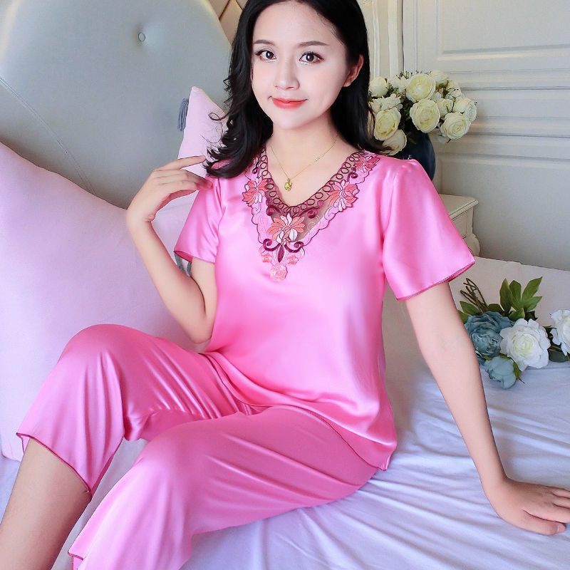 Large size silk pajamas women's spring and autumn ice silk long-sleeved trousers sexy imitation silk short-sleeved pajamas women's summer home service