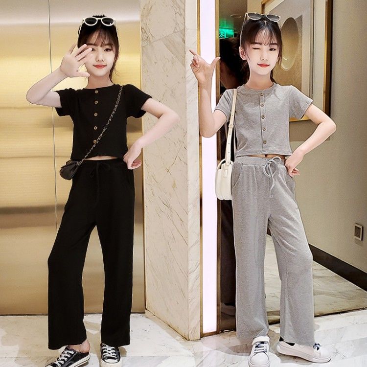 Girls' summer suit foreign fashion fashion net red children's clothing 2020 two piece short sleeve wide leg pants for girls