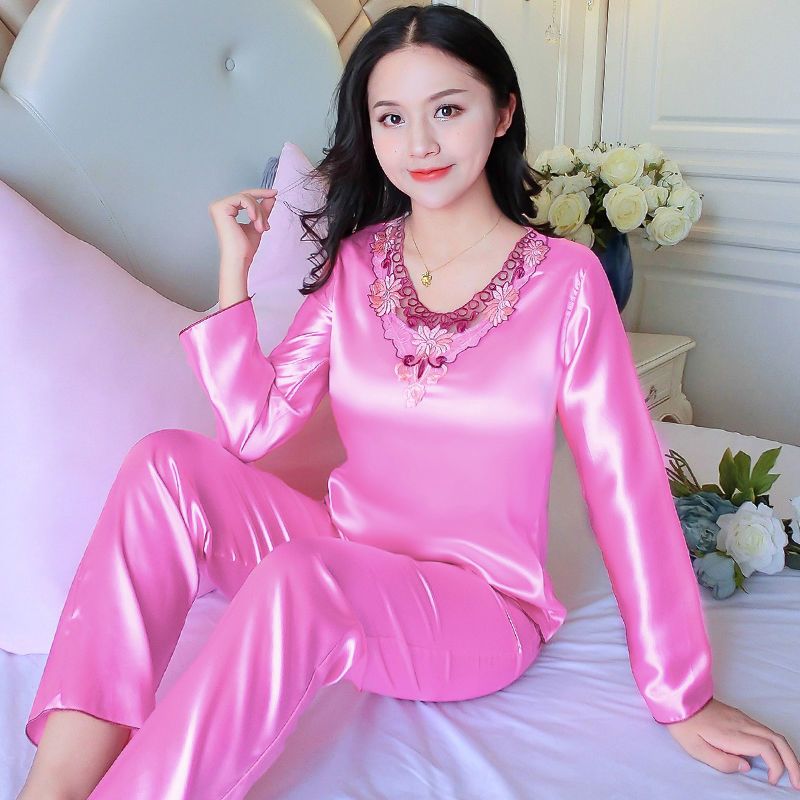 Large size silk pajamas women's spring and autumn ice silk long-sleeved trousers sexy imitation silk short-sleeved pajamas women's summer home service