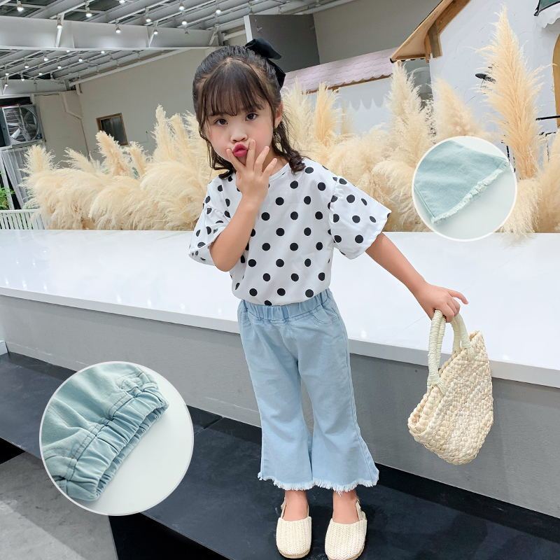 Girls' jeans flared pants set 2020 summer Korean Edition children's foreign style baby summer fashionable short sleeve two piece set