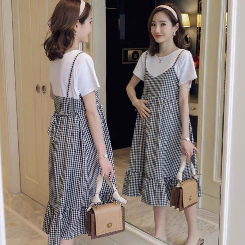 Pregnant women's summer suit long dress 2020 new fake two pieces of pregnant women's long skirt short sleeve pregnant women's clothes
