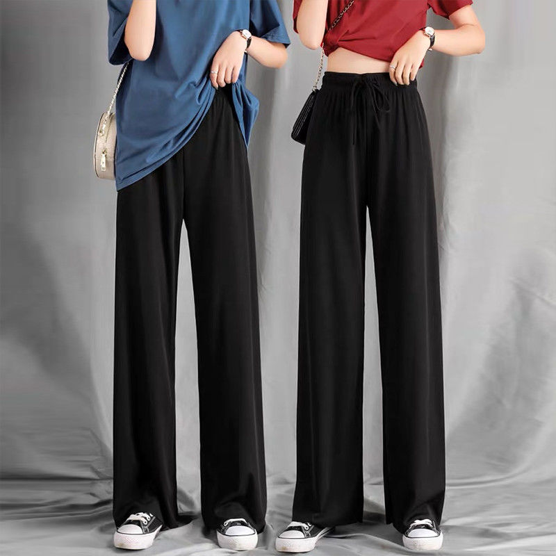 Ice silk wide leg pants women's summer high waist, black, thin and versatile, new small nine point straight pants