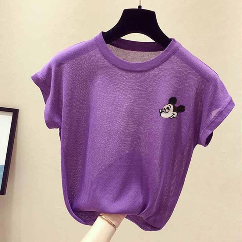 Oversized loose skinny Mickey embroidery ice silk knitted short sleeve women's thin bottomed shirt solid color round neck T-shirt