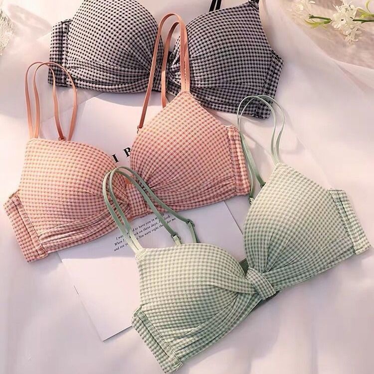 Girl's sweet underwear girl's small chest gathered without steel ring Japanese lovely bra student's Plaid back bra suit