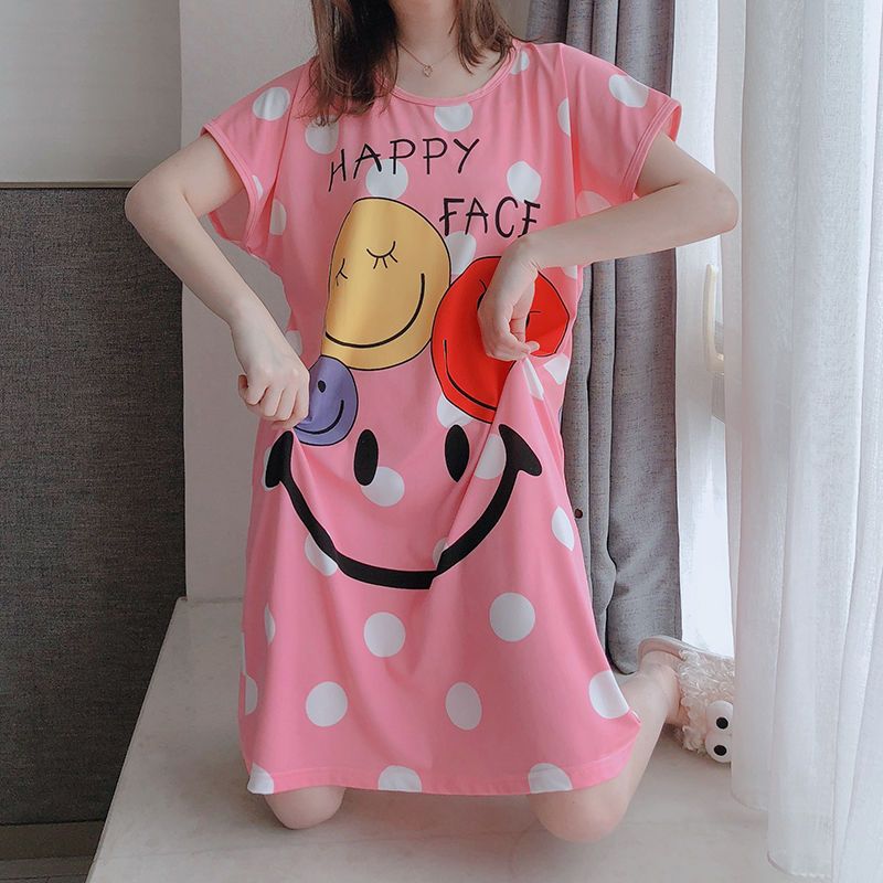 Nightdress girl summer Korean large size loose short sleeve pajamas sweet cute cartoon student girl over the knee home clothes