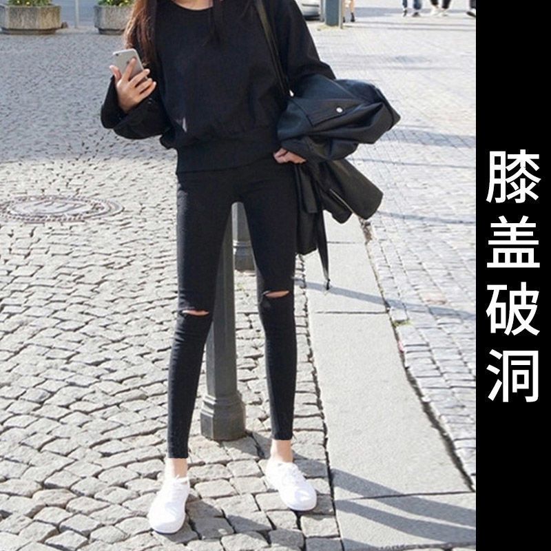 Mid-waist ripped feet pencil leggings women's trousers summer thin section wearing thin black 2021 new style small black trousers