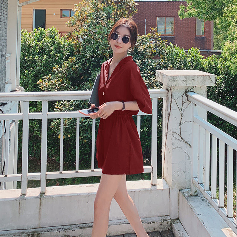 Lazy style V-neck Chiffon Jumpsuit women's suit 2020 new Korean version slim high waist slim lace up shorts for women