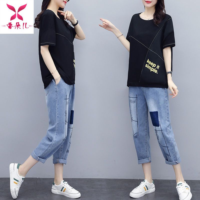 单/套装夏季新款韩版T恤宽松大码休闲运动牛仔裤洋气两件套女