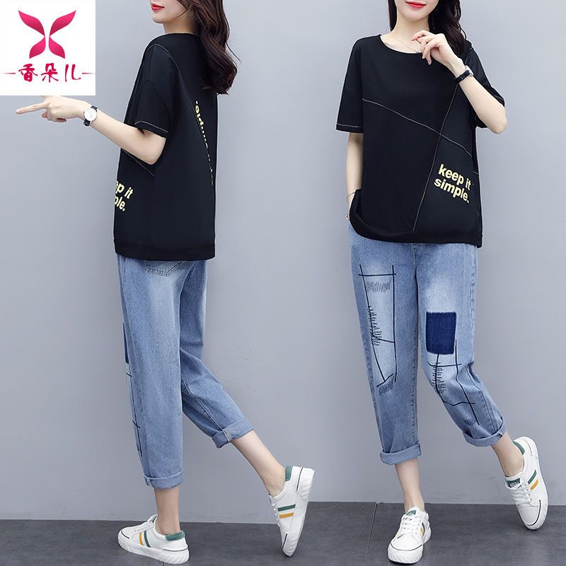 单/套装夏季新款韩版T恤宽松大码休闲运动牛仔裤洋气两件套女