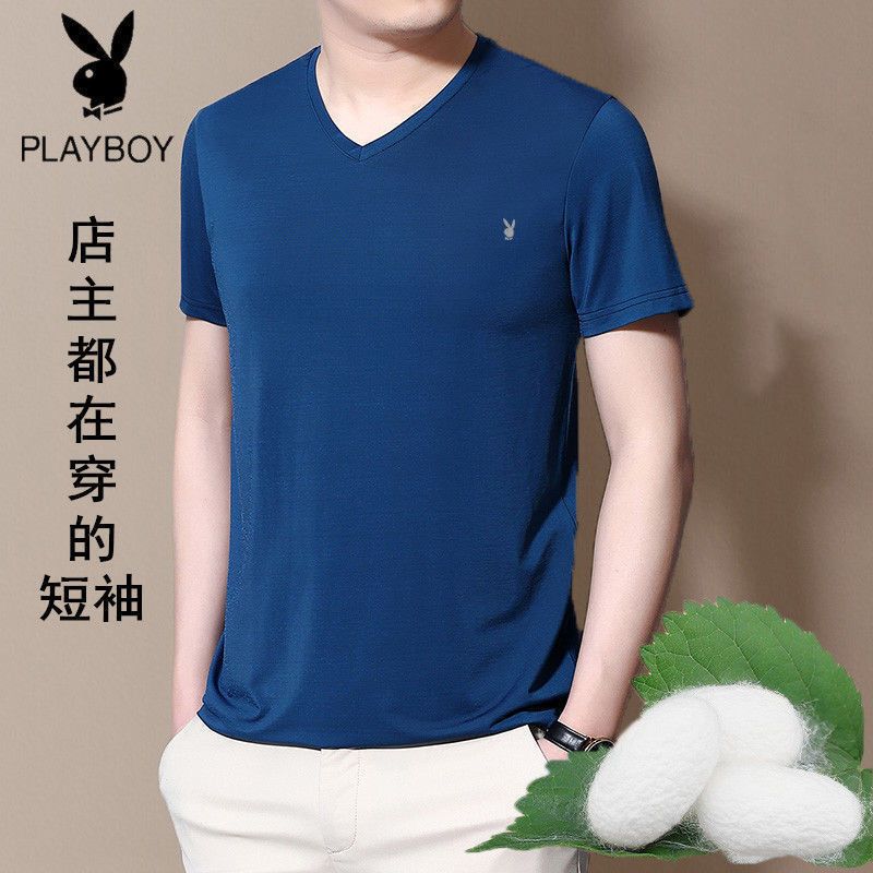 花花公子桑蚕丝男士短袖t恤衫夏季新品上衣纯色圆领真丝休闲体恤